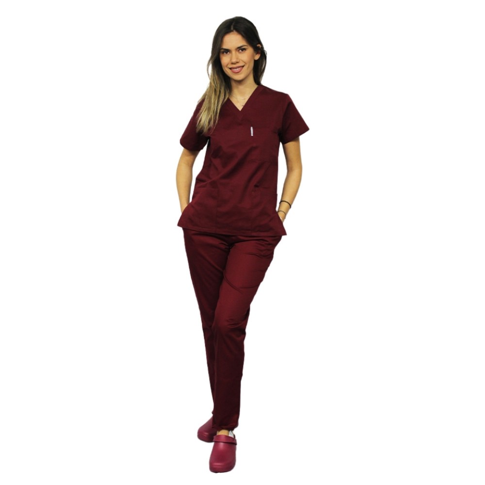 Uniforma de lucru dama grena, bluza cu anchior in V, trei buzunare si pantaloni cu elastic