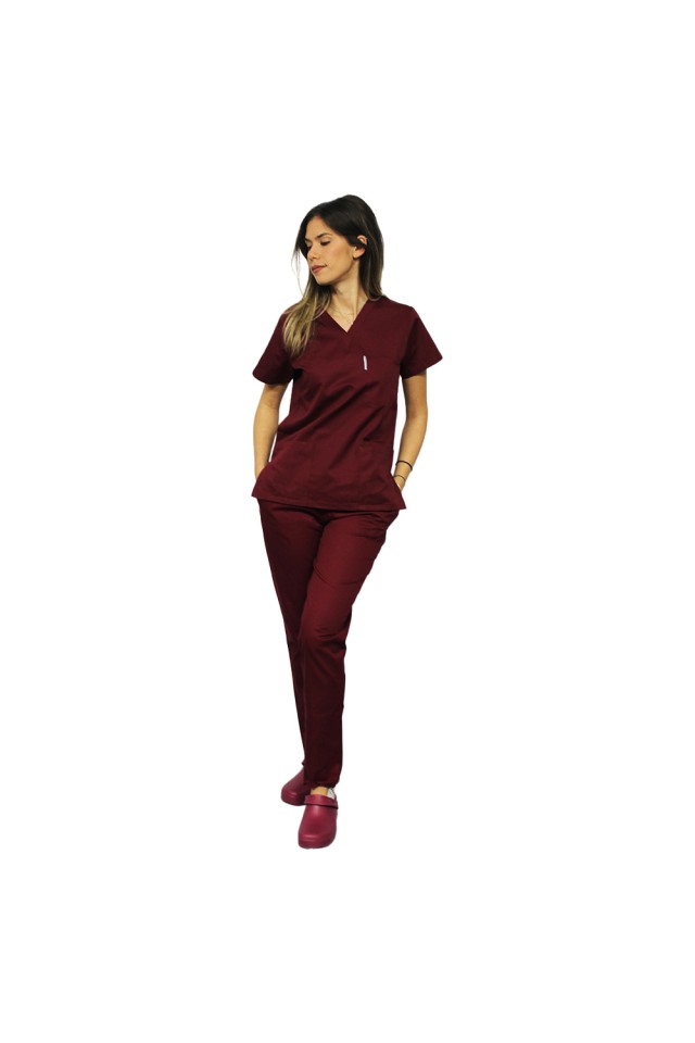 Uniforma de lucru dama grena, bluza cu anchior in V, trei buzunare si pantaloni cu elastic