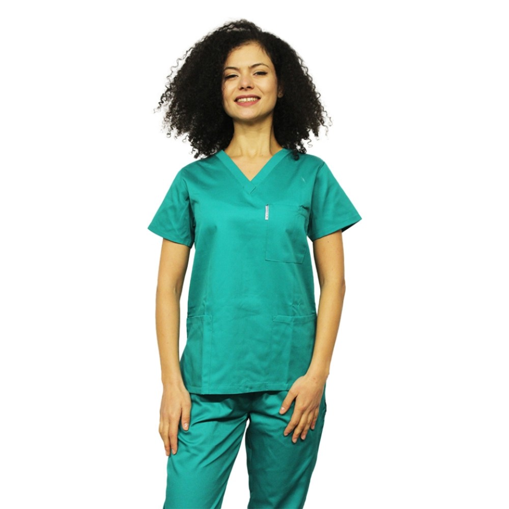 Uniforma de lucru dama verde, cu bluza cu anchior in V si pantaloni verde chirurgical 