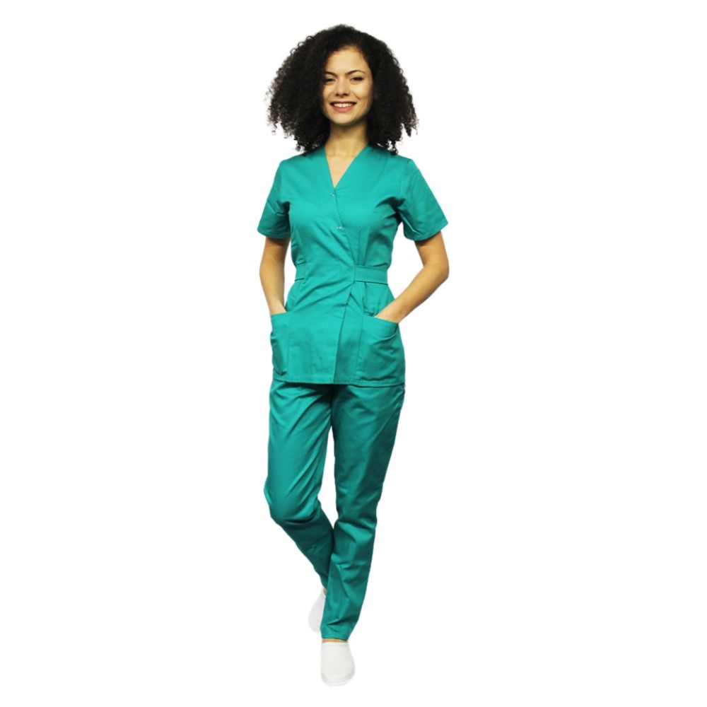 Costum receptionera verde, cu bluza tip kimono si pantaloni cu elastic