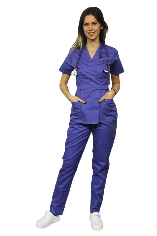 Costum receptionera mov, cu bluza tip kimono si pantaloni cu elastic
