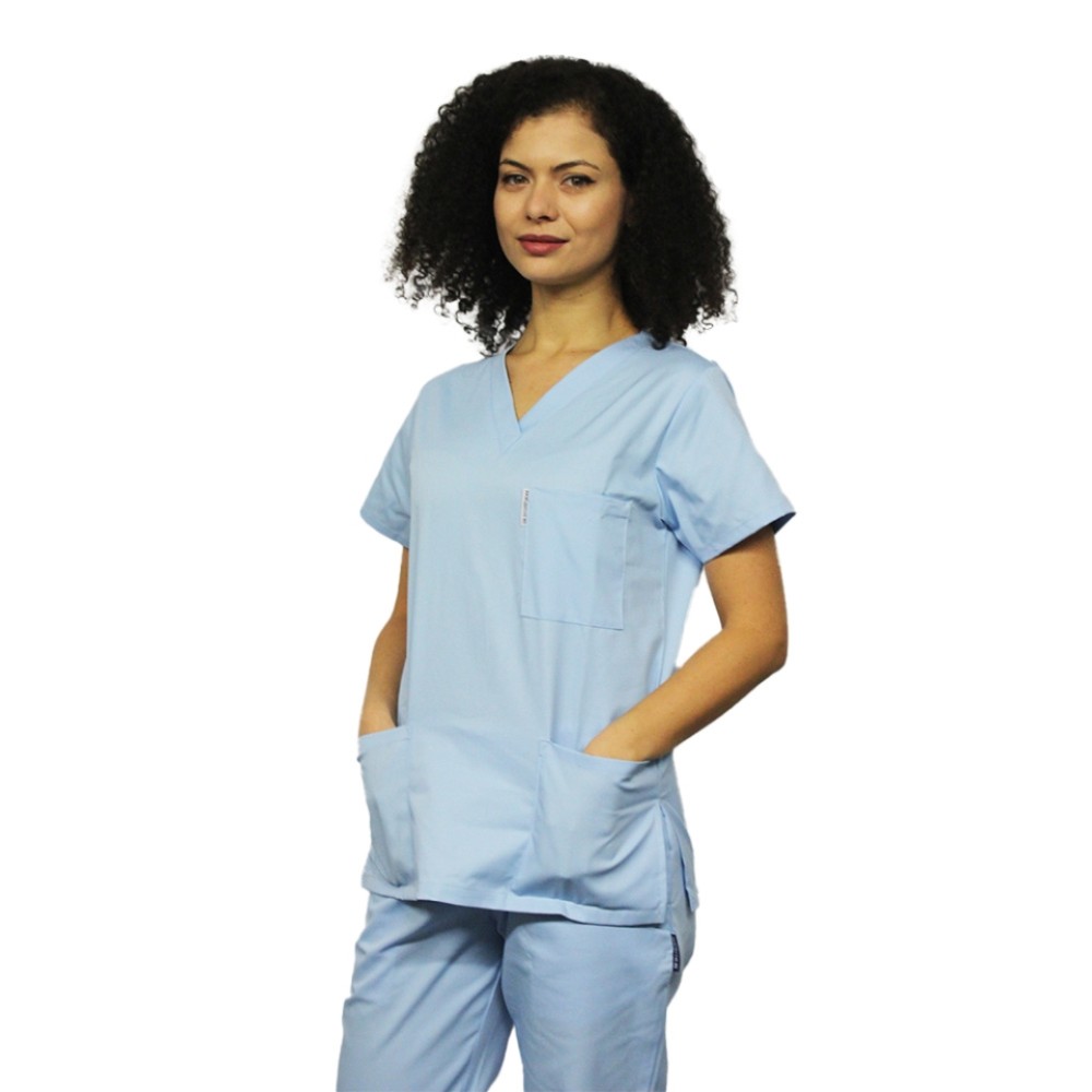 Uniforma de lucru dama bleu cu bluza cu anchior in forma V si pantaloni bleo cu elastic