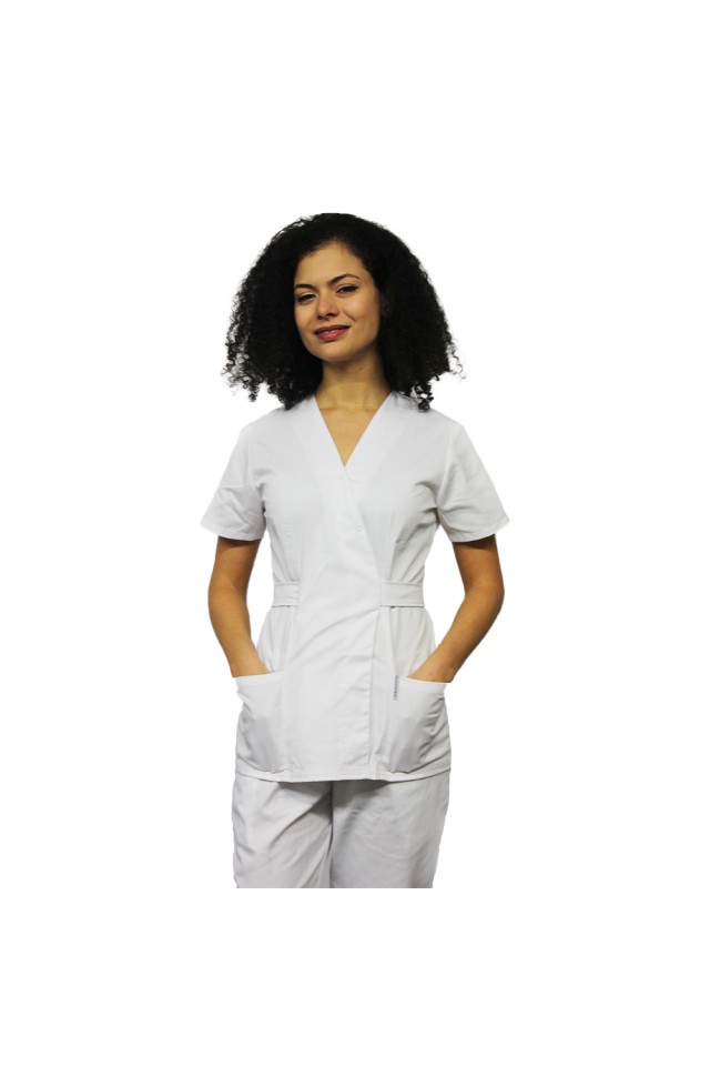 Costum receptionera alb, cu bluza tip kimono si pantaloni cu elastic