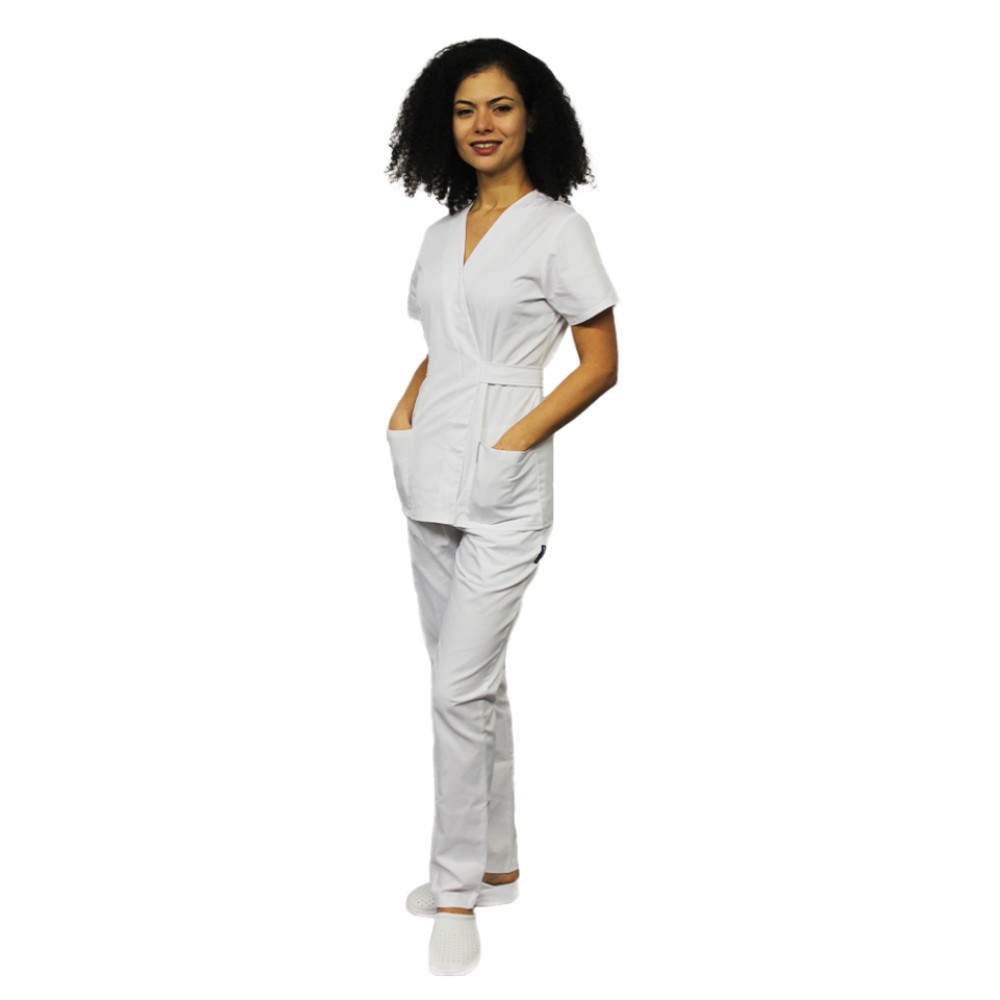 Costum receptionera alb, cu bluza tip kimono si pantaloni cu elastic