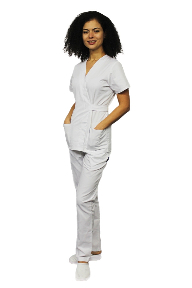 Costum receptionera alb, cu bluza tip kimono si pantaloni cu elastic