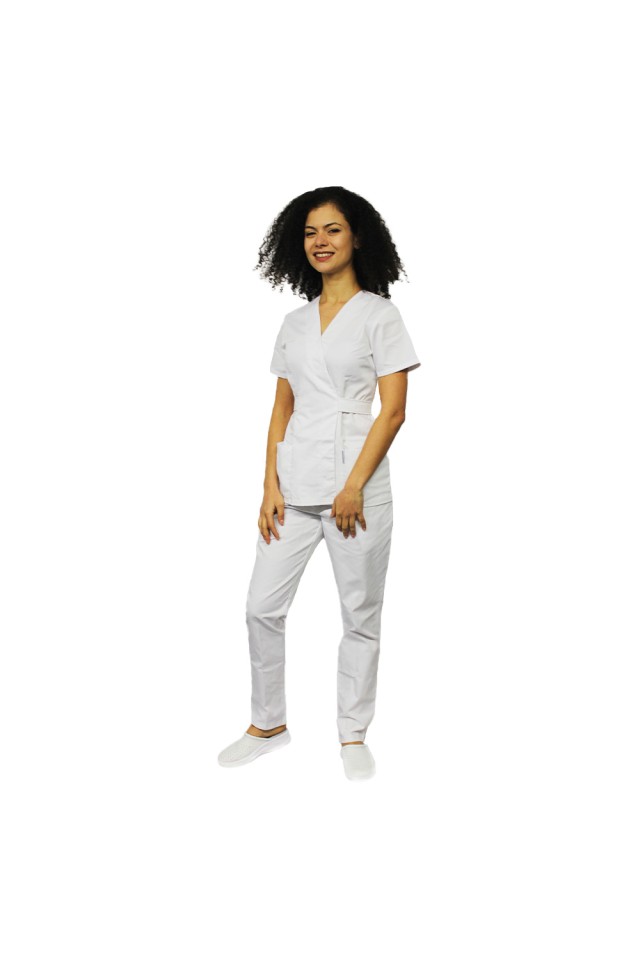 Costum receptionera alb, cu bluza tip kimono si pantaloni cu elastic
