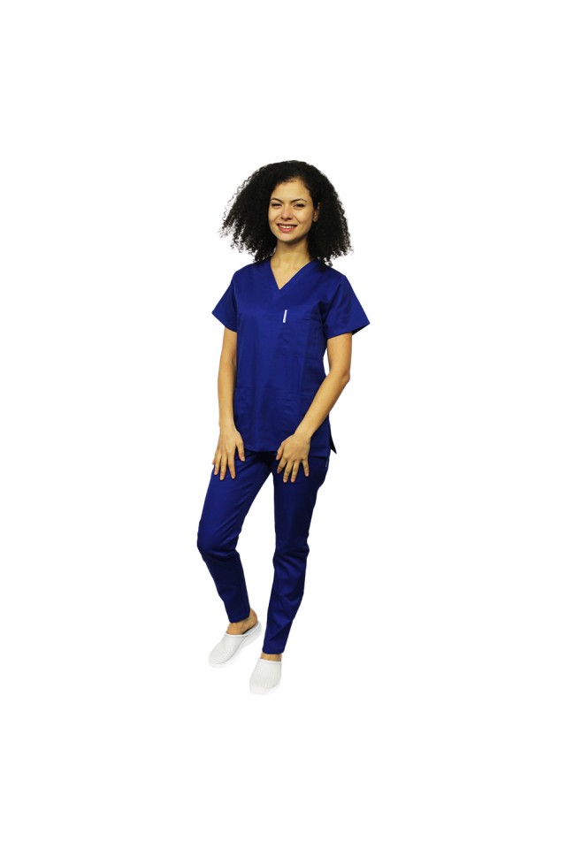 Uniforma de lucru dama albastru, bluza cu anchior in V, trei buzunare si pantaloni cu elastic