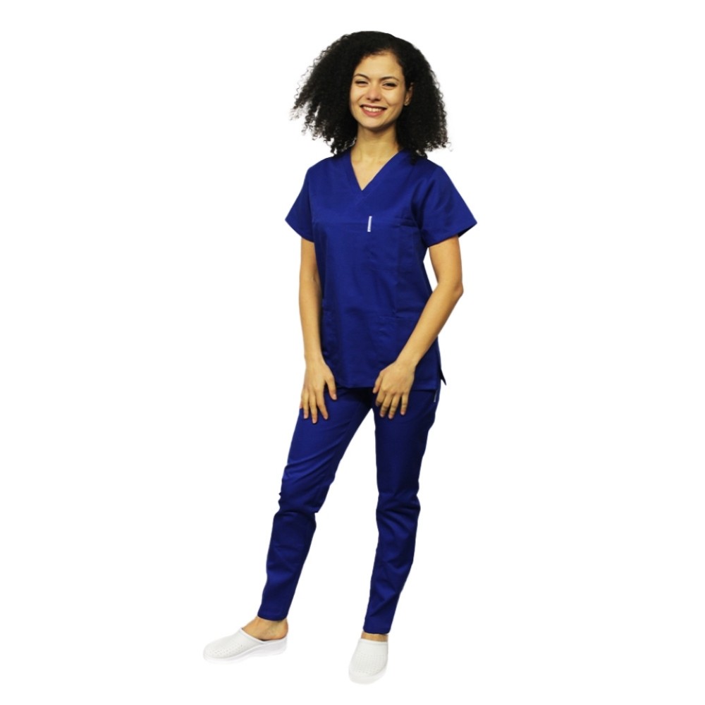 Uniforma de lucru dama albastru, bluza cu anchior in V, trei buzunare si pantaloni cu elastic