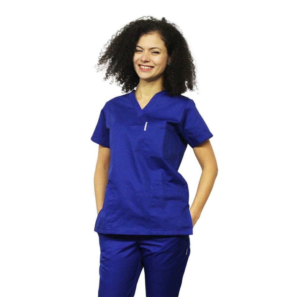 Uniforma de lucru dama albastru, bluza cu anchior in V, trei buzunare si pantaloni cu elastic