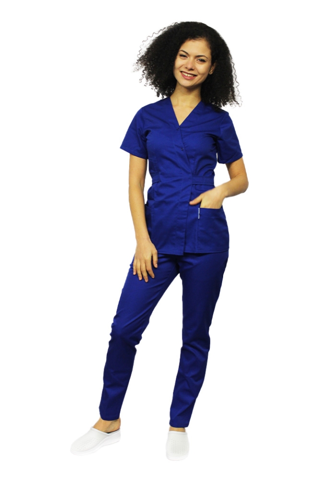 Costum receptionera albastru, cu bluza tip kimono si pantaloni cu elastic