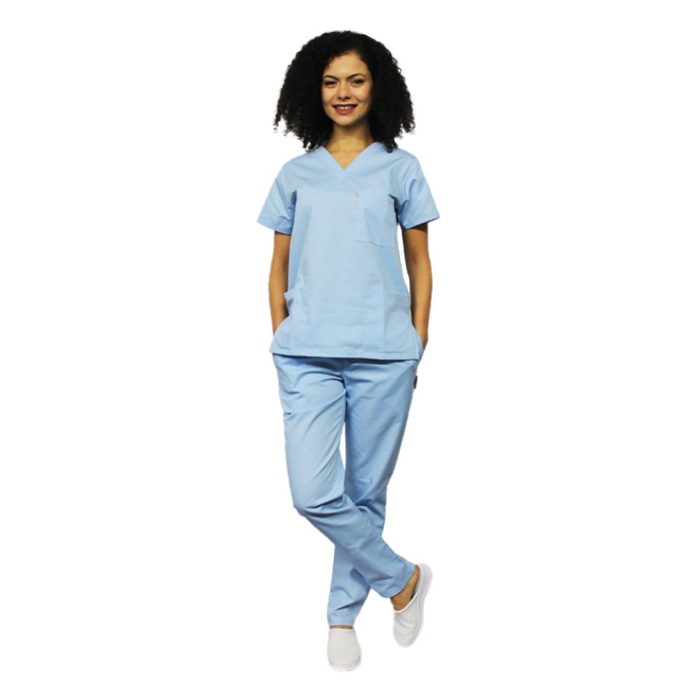 Uniforma de lucru dama bleu cu bluza cu anchior in forma V si pantaloni bleo cu elastic