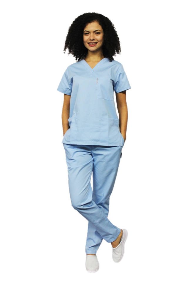 Uniforma de lucru dama bleu cu bluza cu anchior in forma V si pantaloni bleo cu elastic..