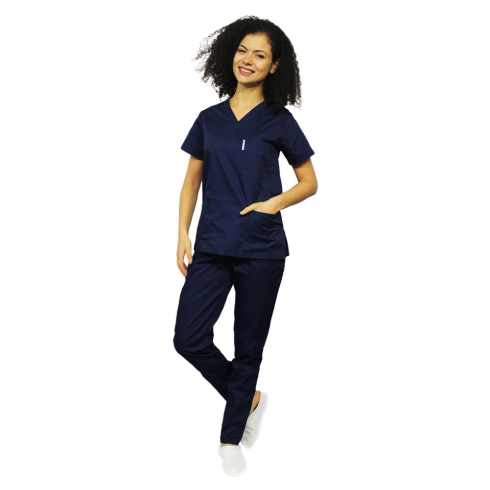 Halat de lucru bleumarin dama cu anchior in forma V si trei buzunare aplicate