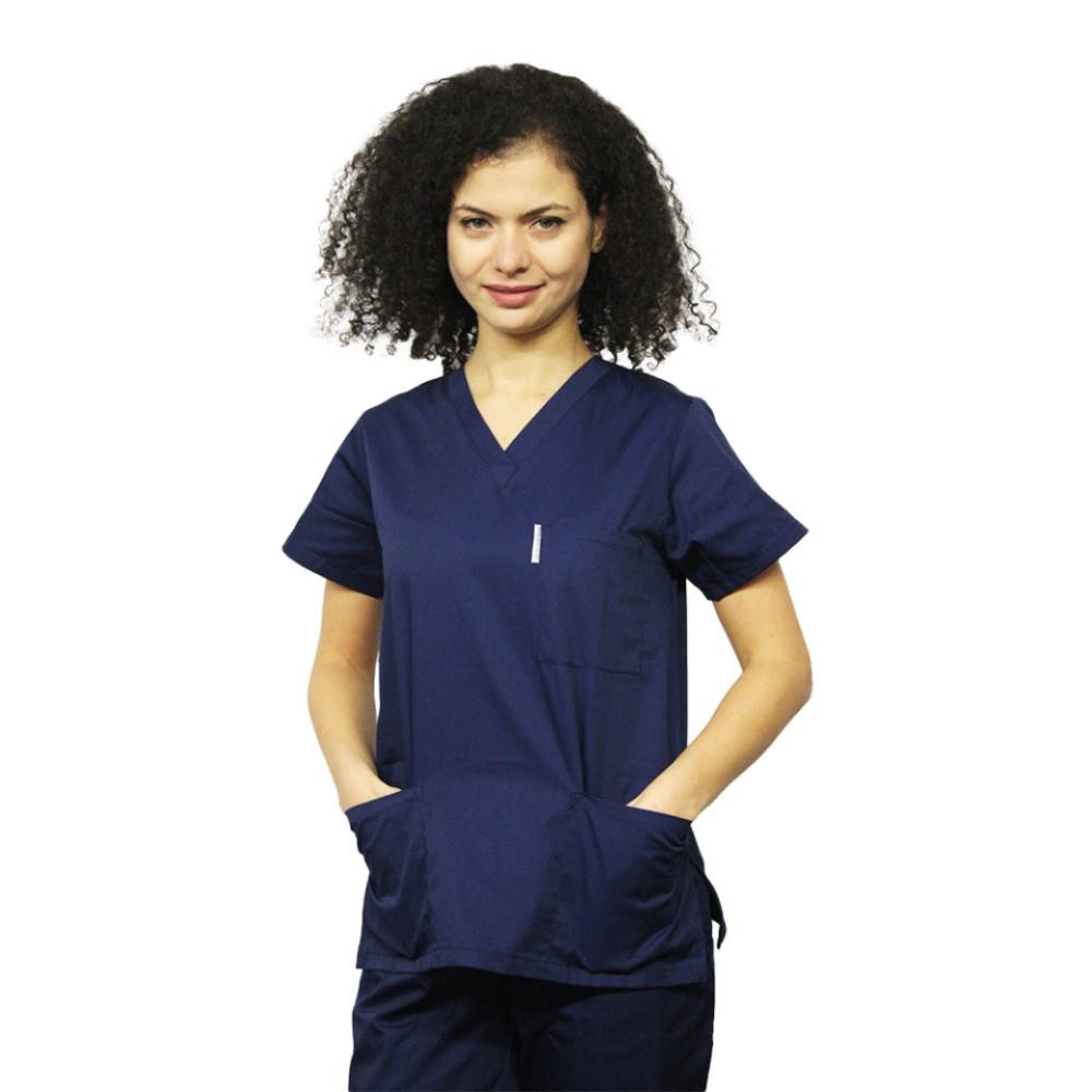 Halat de lucru bleumarin dama cu anchior in forma V si trei buzunare aplicate