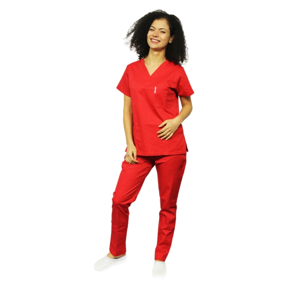 Uniforma de lucru dama rosu, bluza cu anchior in V, trei buzunare si pantaloni cu elastic