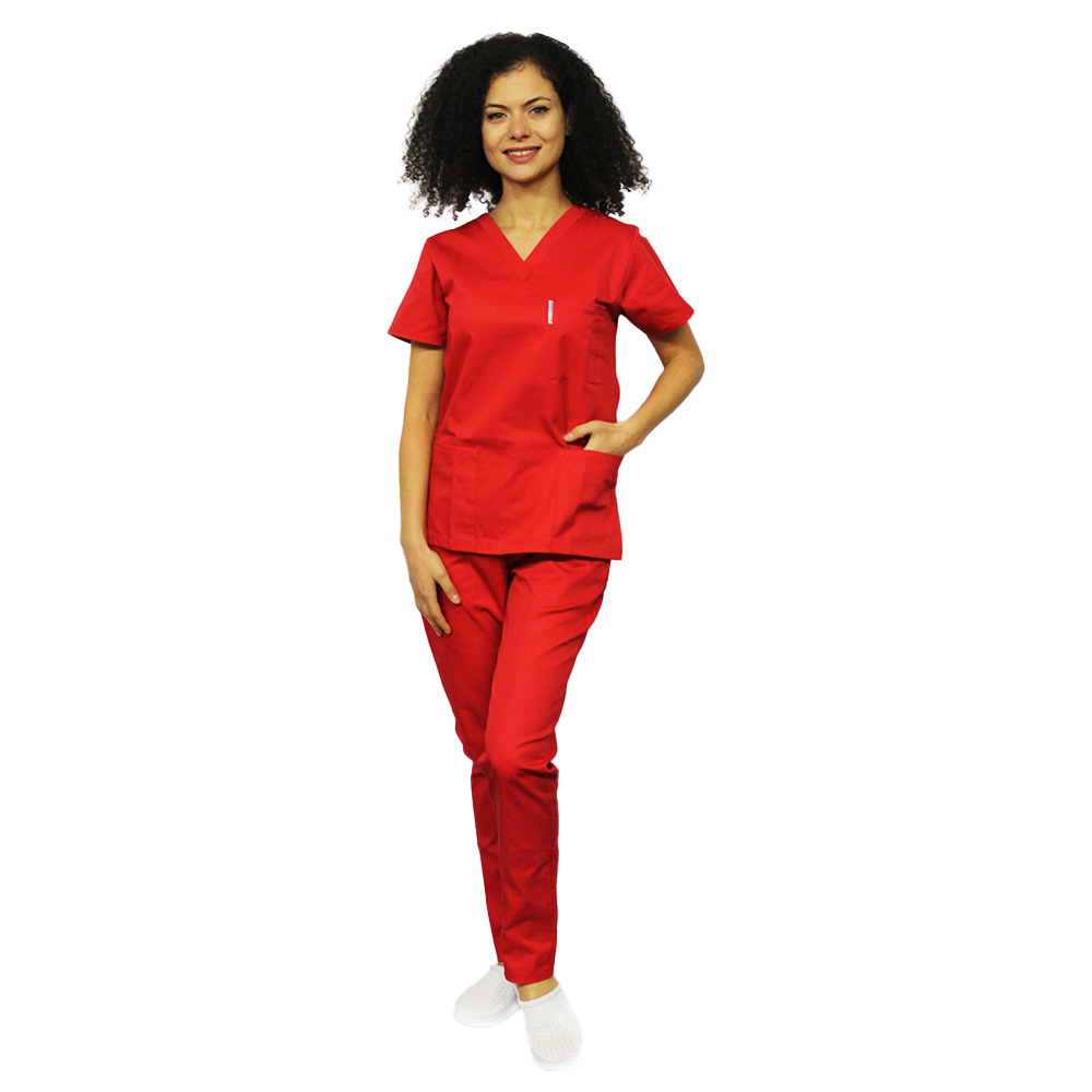 Uniforma de lucru dama rosu, bluza cu anchior in V, trei buzunare si pantaloni cu elastic