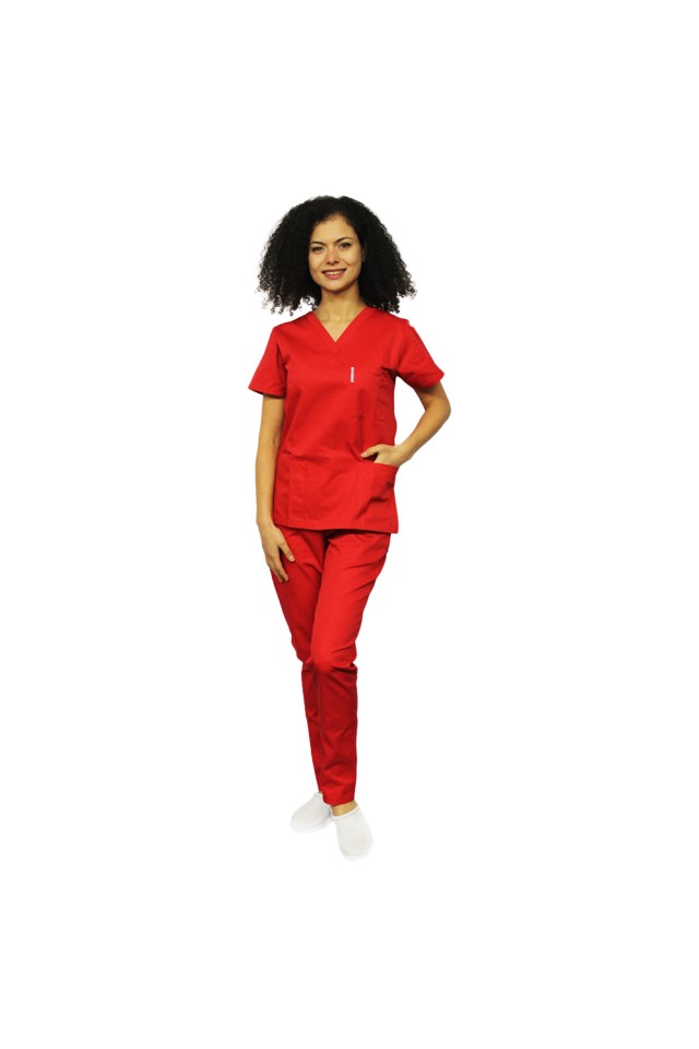 Uniforma de lucru dama rosu, bluza cu anchior in V, trei buzunare si pantaloni cu elastic