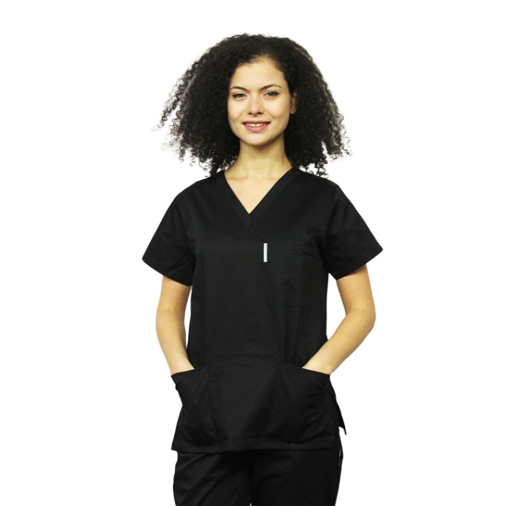 Uniforma de lucru dama negru cu bluza cu anchior in forma V si pantaloni negri cu elastic