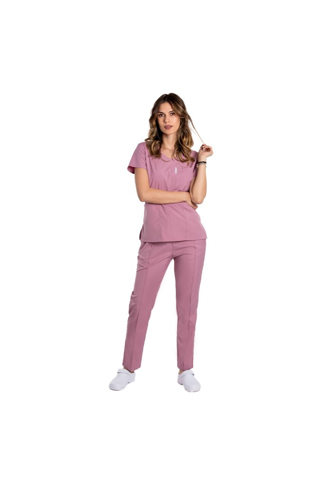 Costum de lucru cu elastan dama roz pudrat cu bluza in V si pantaloni cu snur si elastic
