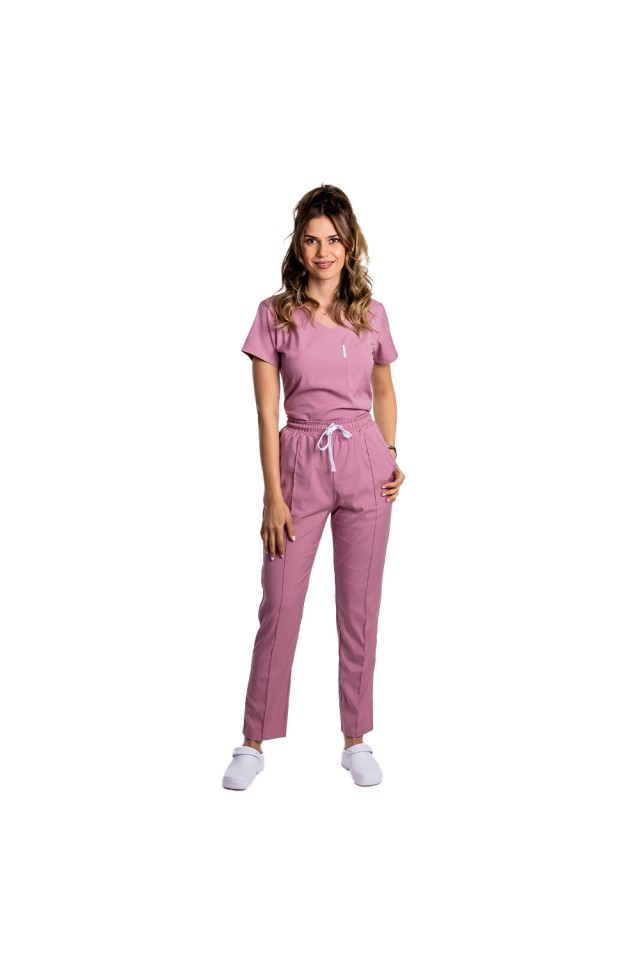 Costum de lucru cu elastan dama roz pudrat cu bluza in V si pantaloni cu snur si elastic