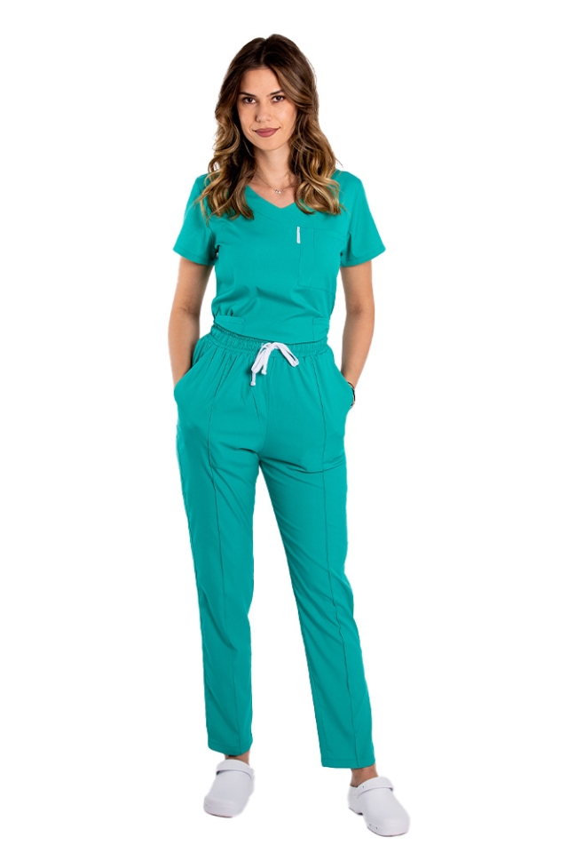 Costum de lucru cu elastan dama verde turcoaz cu bluza in V si pantaloni cu snur si elastic