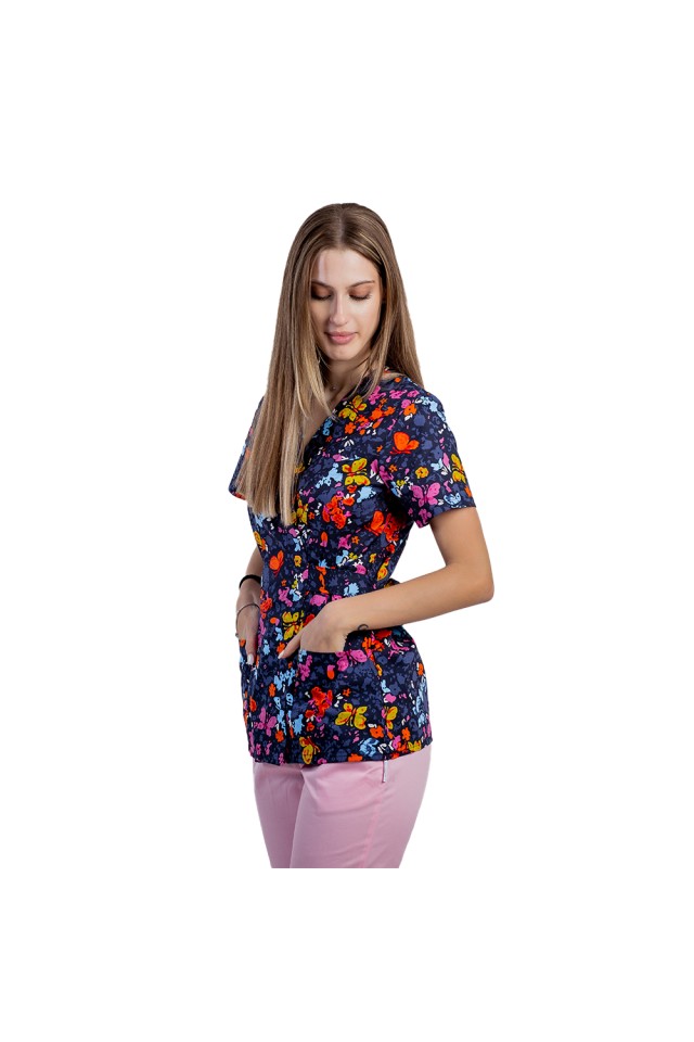 Costume de lucru pentru gradinite model kimono Butterfly , cu bluza cu imprimeu  si pantaloni cu elastic