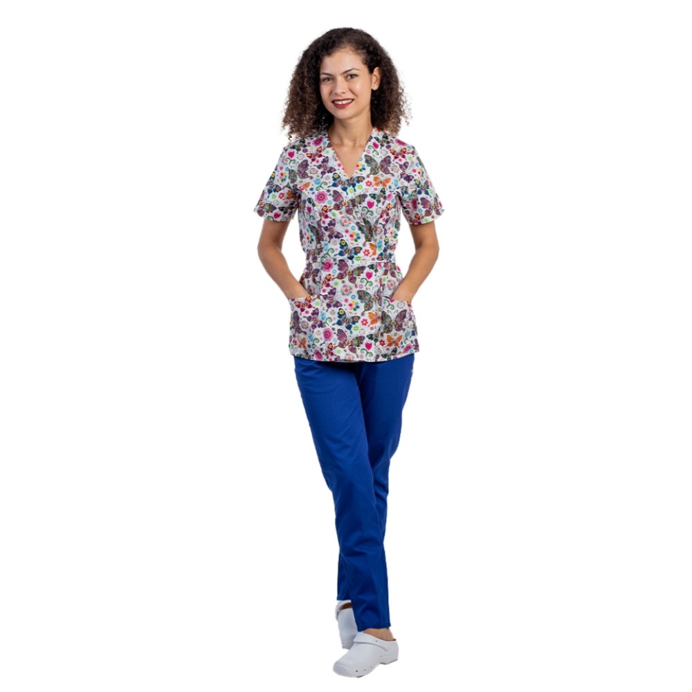 Costume de lucru pentru gradinite model kimono Fantasy, bluza cu imprimeu si pantaloni cu elastic