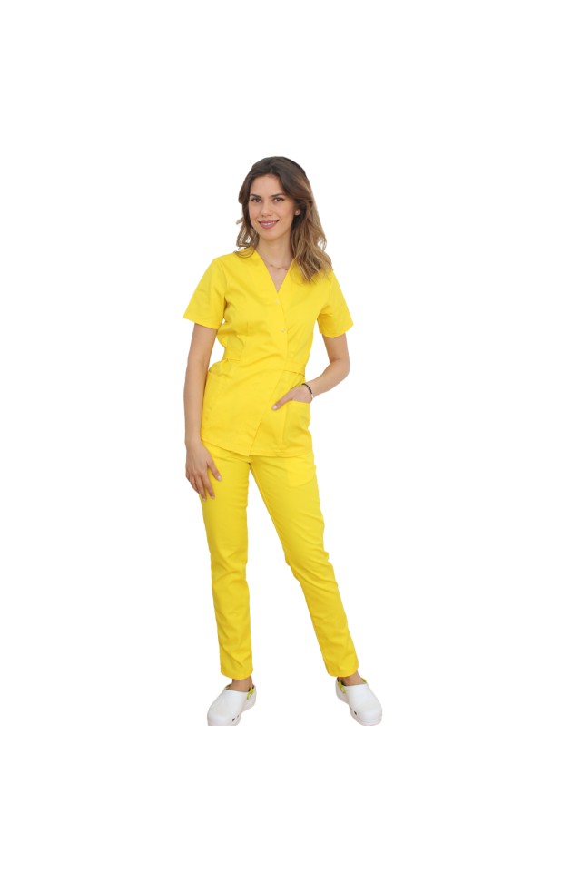 Costum receptionera galben, cu bluza tip kimono si pantaloni galben cu elastic