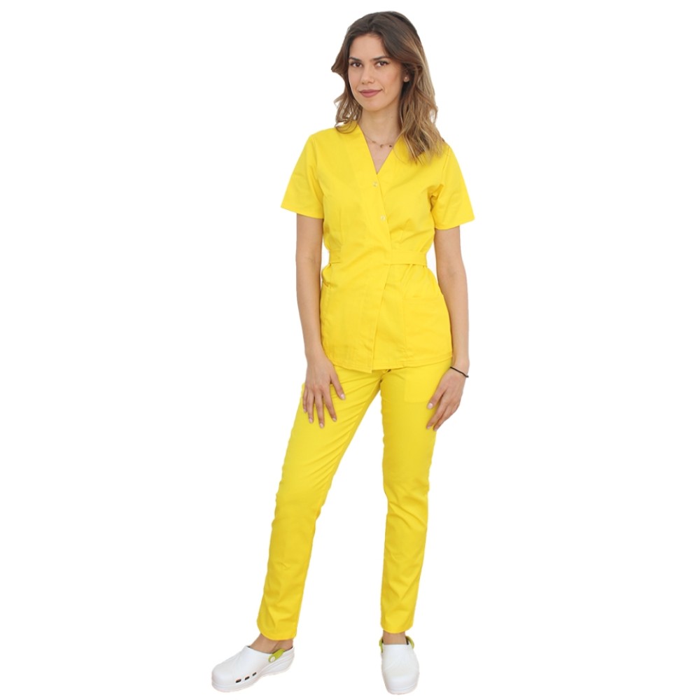 Costum receptionera galben, cu bluza tip kimono si pantaloni galben cu elastic