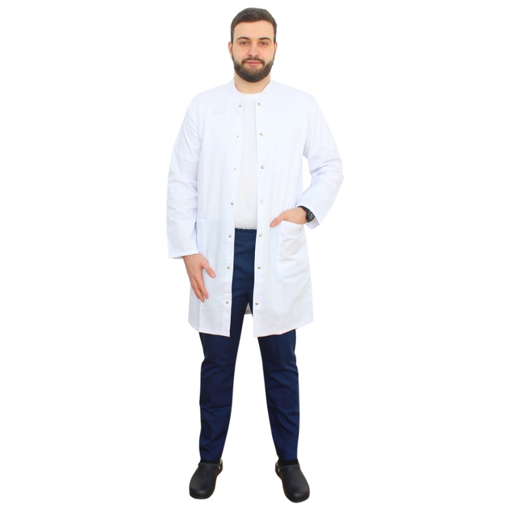 Halat de laborator alb, barbati, cu guler tip tunica si trei buzunare
