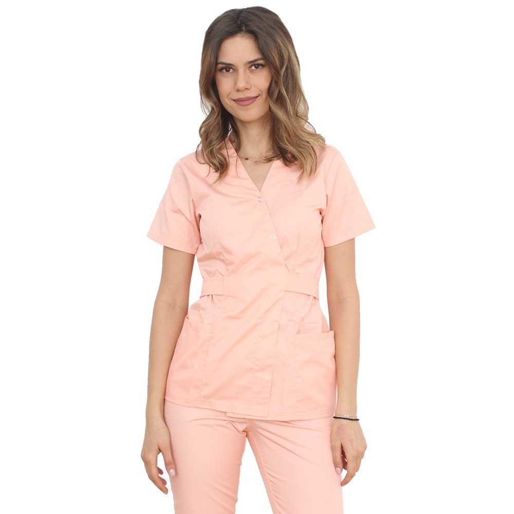 Costum receptionera piersica, cu bluza tip kimono si pantaloni cu elastic