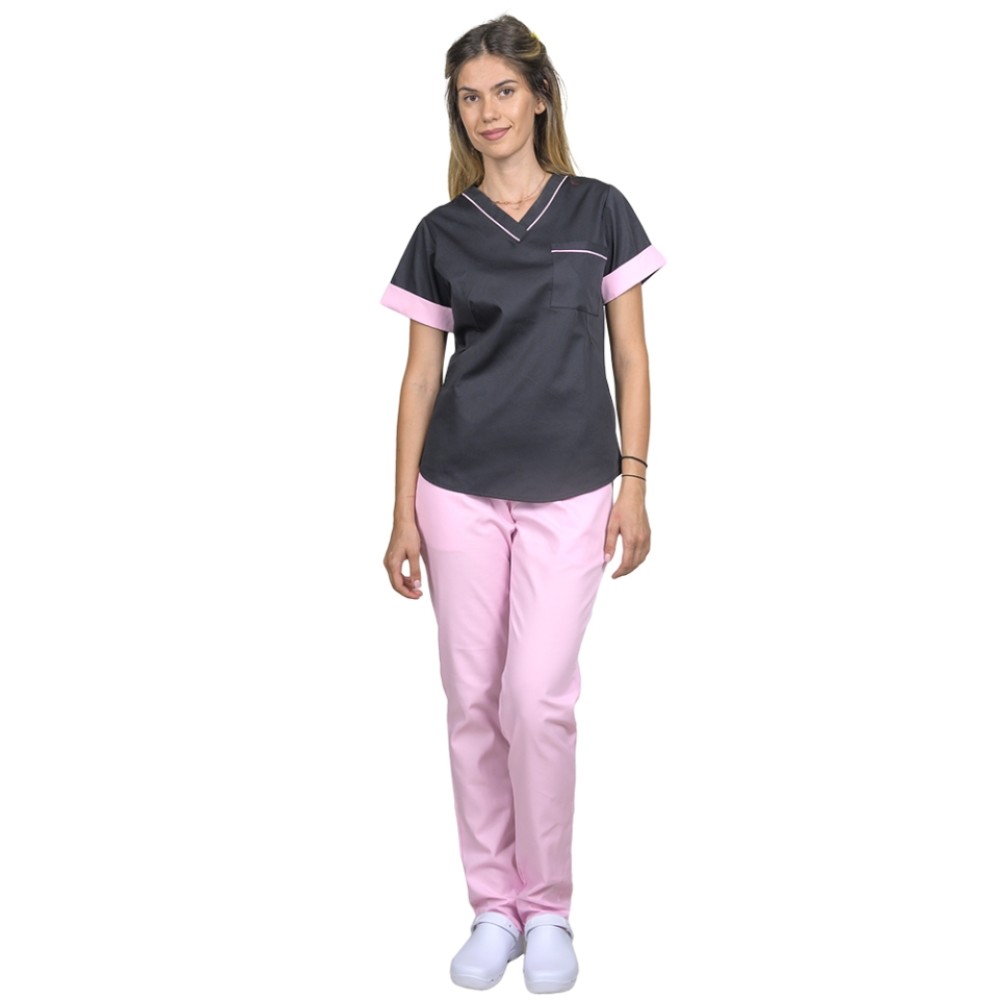 Uniforma de lucru format din bluza neagra cu paspol si pantaloni roz pal, model Amani