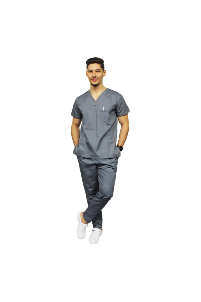 Uniforma de lucru barbati gri cu pantaloni cu snur si elastic in talie
