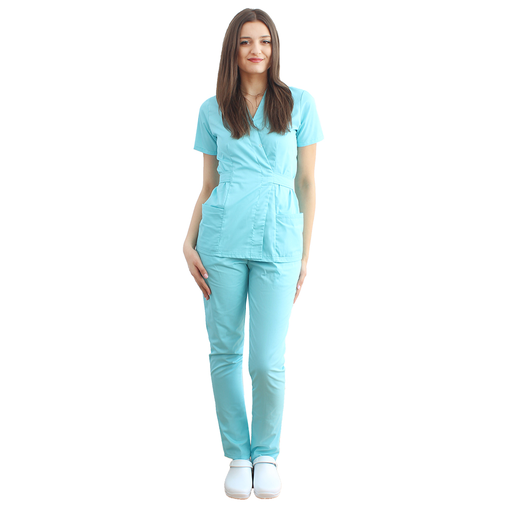 Costum receptionera menta, cu bluza tip kimono si pantaloni menta cu elastic