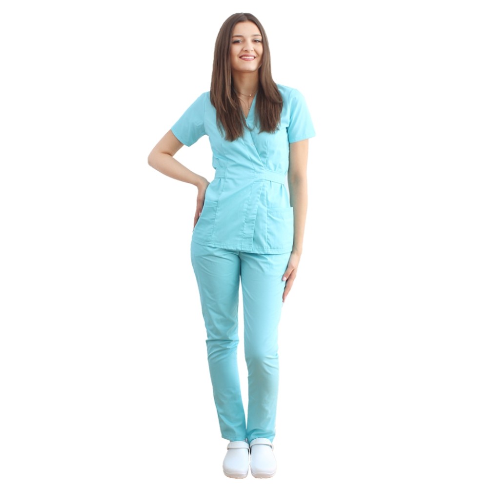 Costum receptionera menta, cu bluza tip kimono si pantaloni menta cu elastic