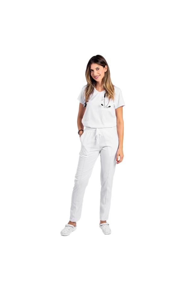 Costum de lucru cu elastan dama alb cu bluza in V si pantaloni cu snur si elastic