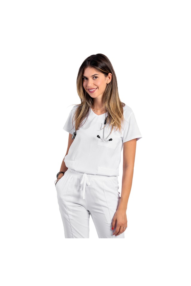 Costum de lucru cu elastan dama alb cu bluza in V si pantaloni cu snur si elastic