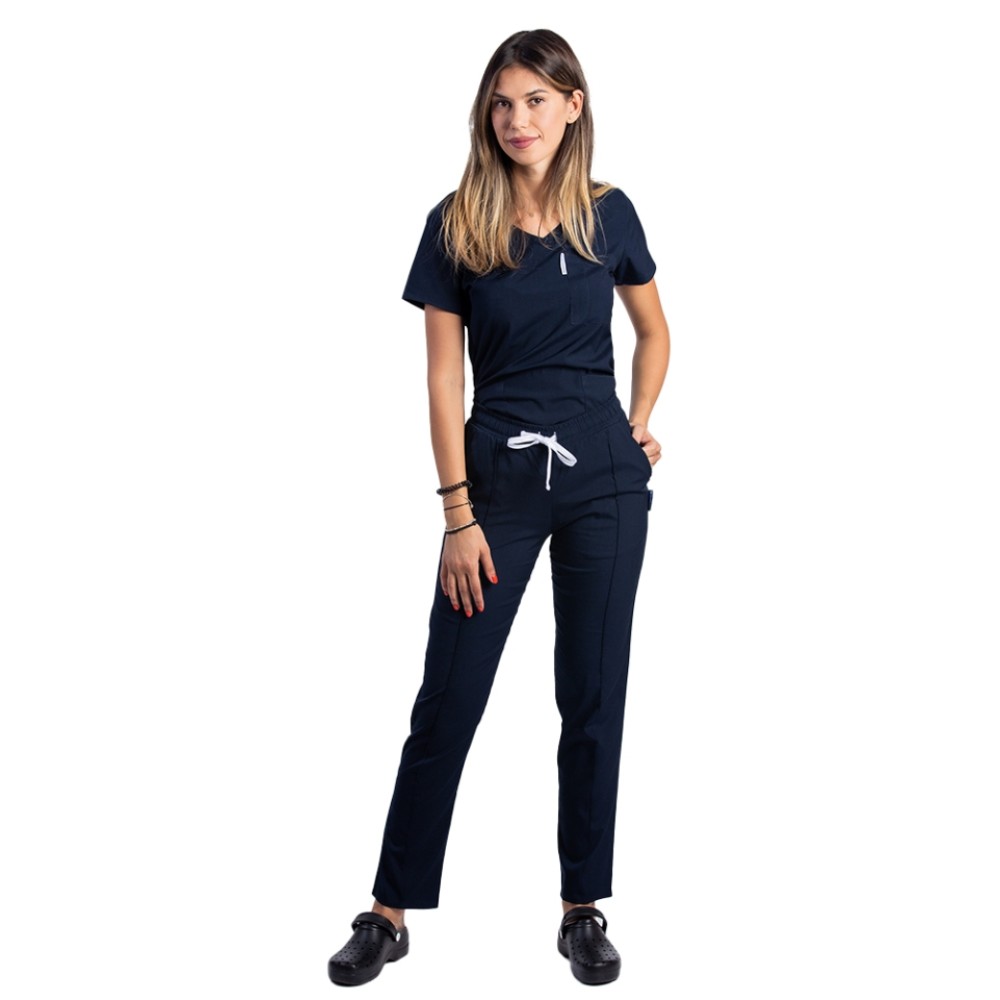 Costum de lucru cu elastan dama bleumarin cu bluza in V si pantaloni cu snur si elastic
