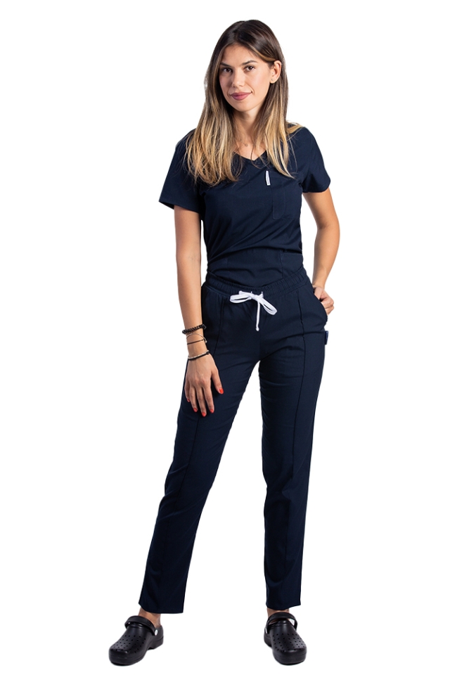 Costum de lucru cu elastan dama bleumarin cu bluza in V si pantaloni cu snur si elastic