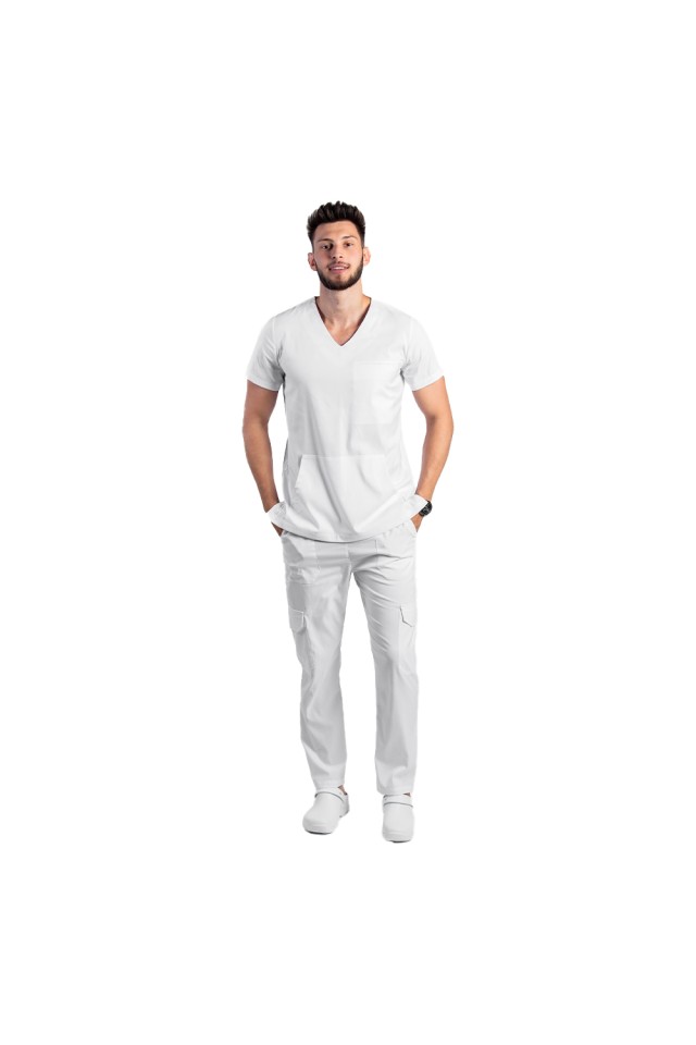 Costum de lucru cu elastan barbati alb cu bluza in V si pantaloni cu snur si elastic