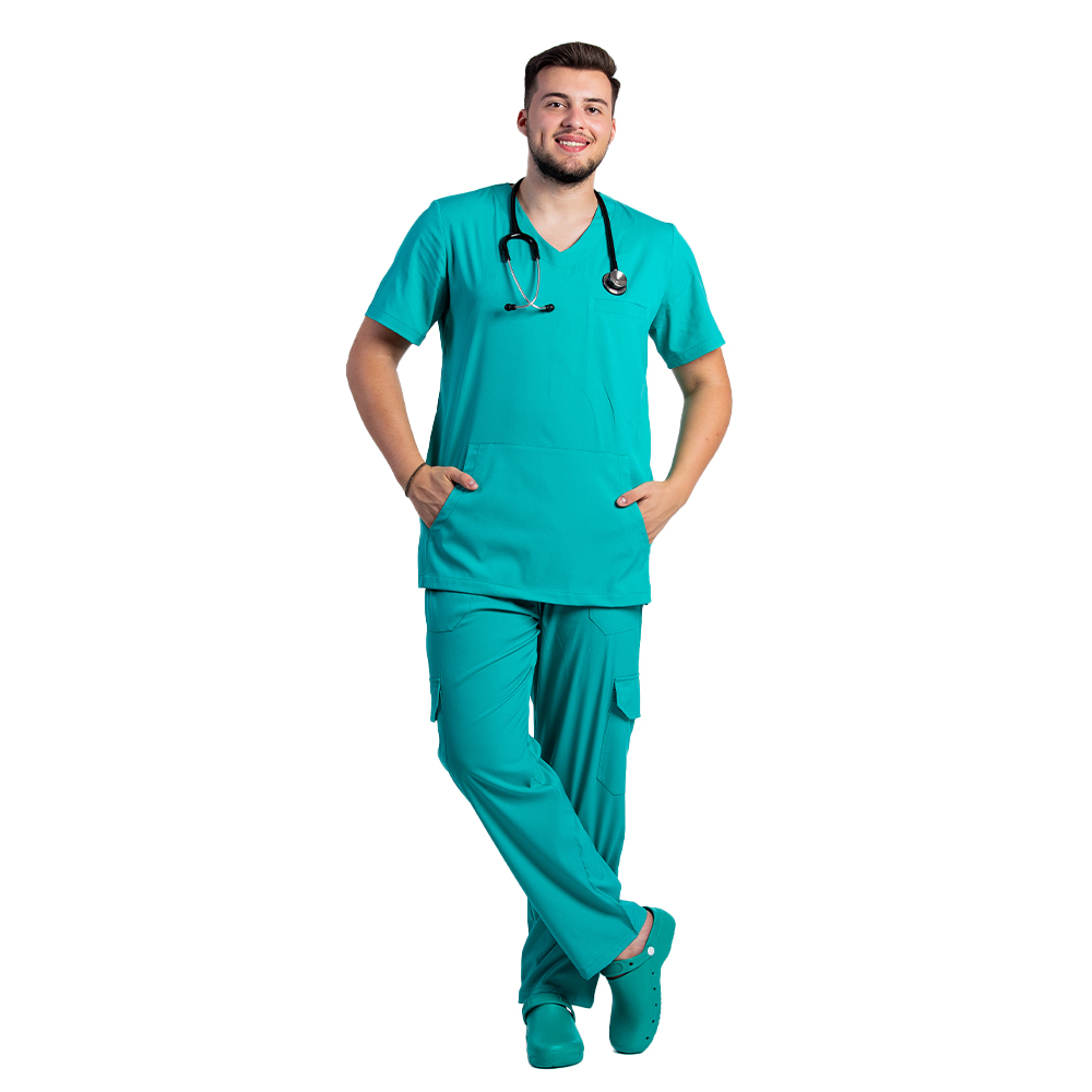 Costum de lucru cu elastan barbati verde turcoaz cu bluza in V si pantaloni cu snur si elastic