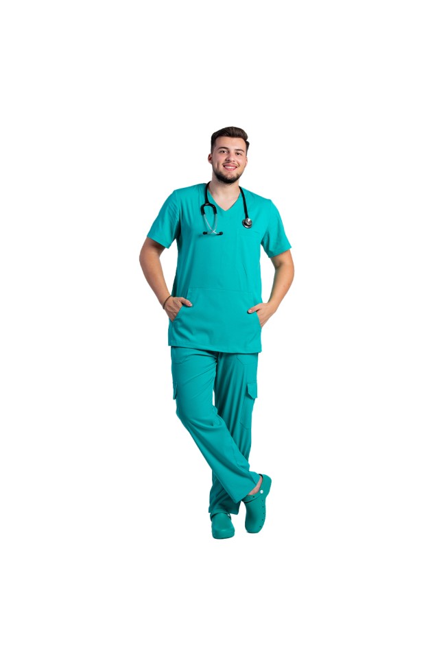 Costum de lucru cu elastan barbati verde turcoaz cu bluza in V si pantaloni cu snur si elastic