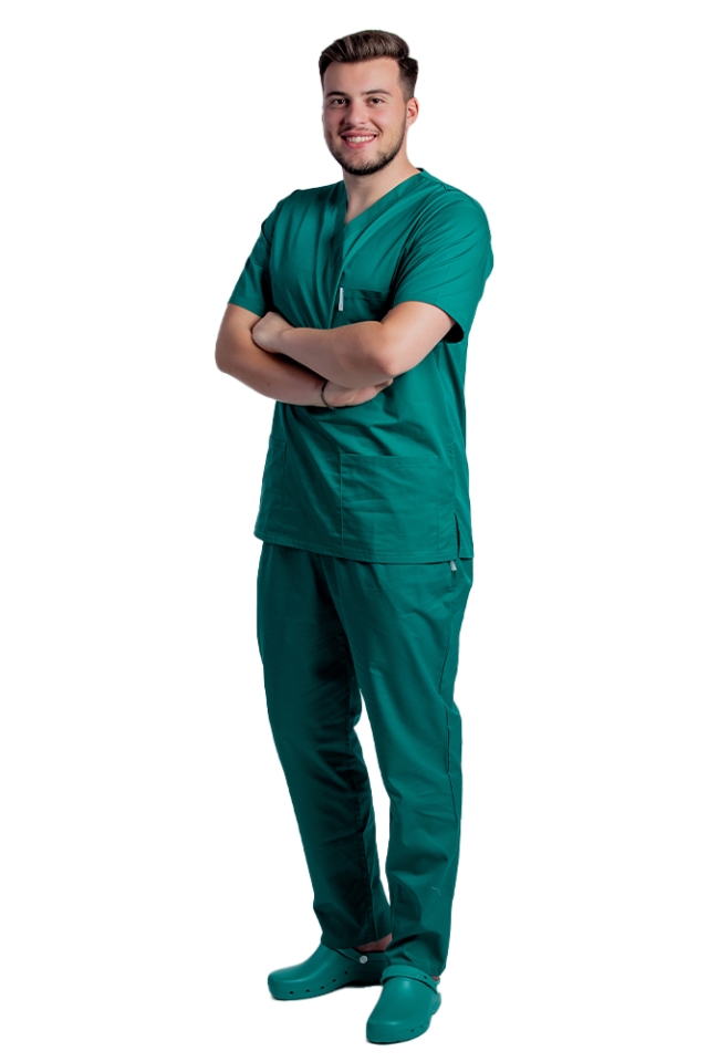 Uniforma de lucru barbati verde cu pantaloni cu snur si elastic in talie..