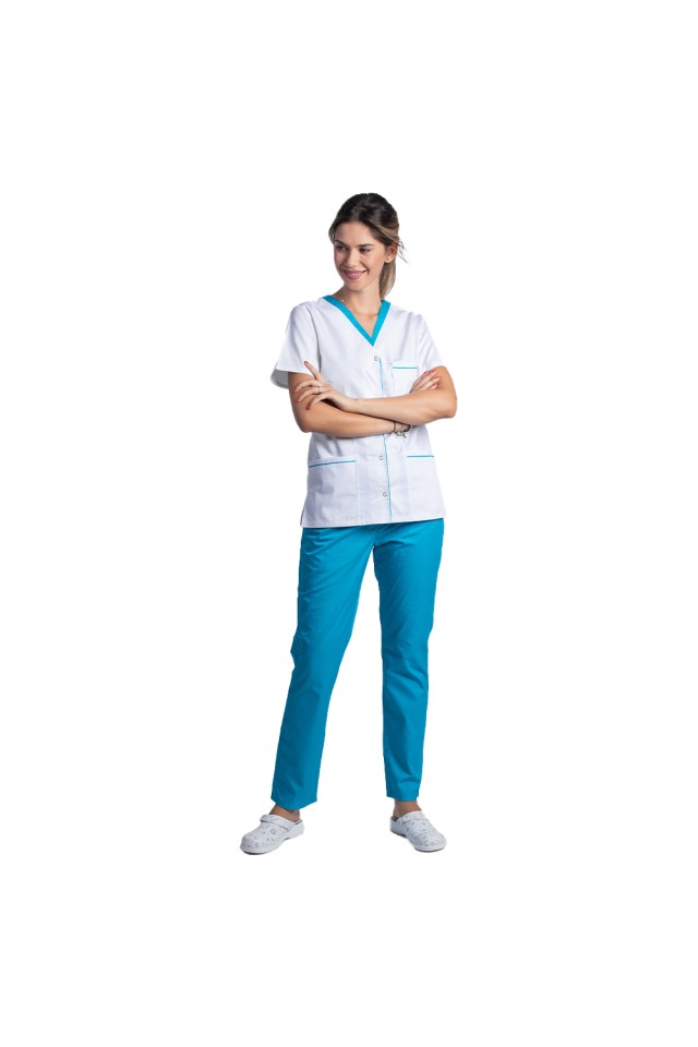 Uniforma de lucru format din bluza alb cu paspol turcoaz si pantaloni turcoaz cu elastic