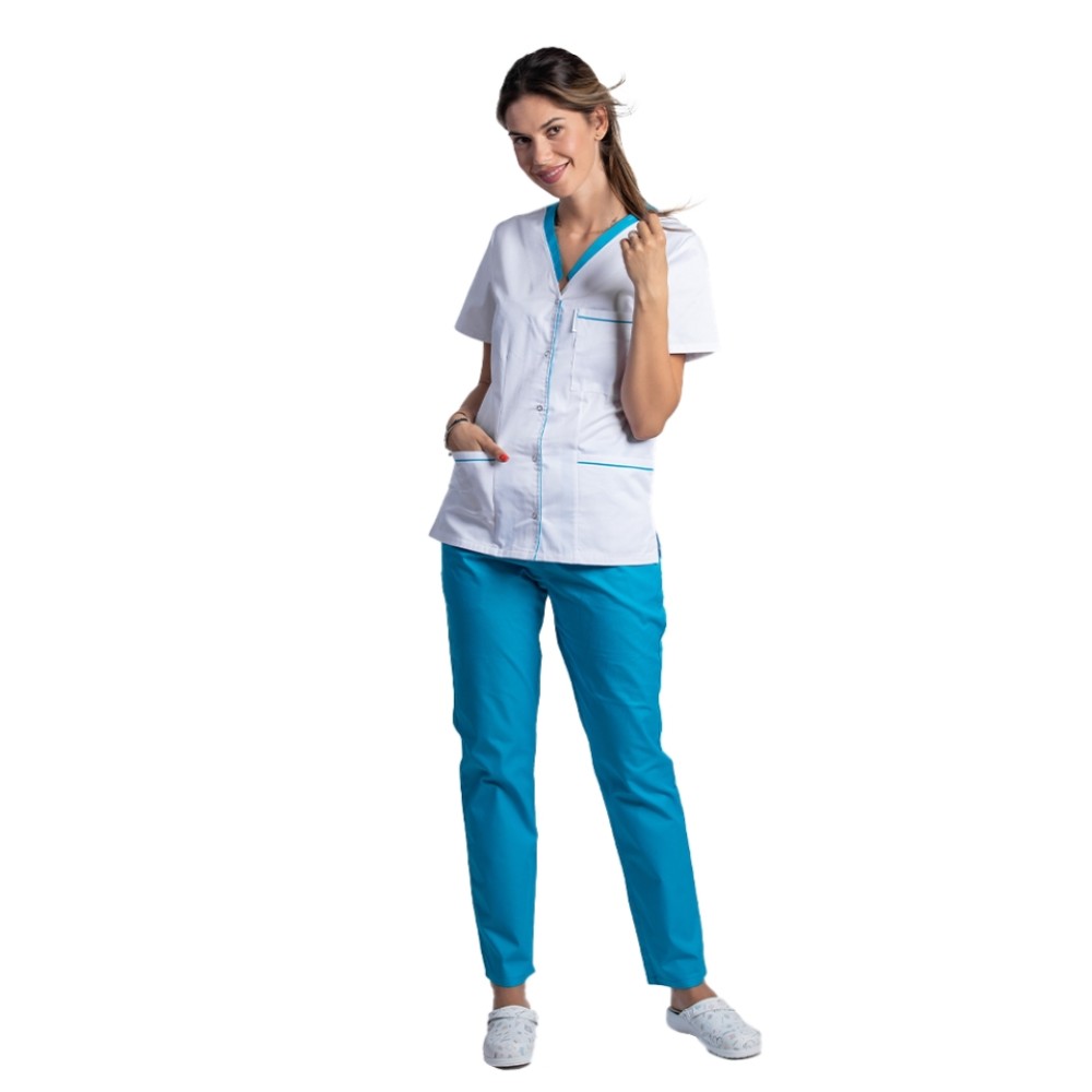 Uniforma de lucru format din bluza alb cu paspol turcoaz si pantaloni turcoaz cu elastic