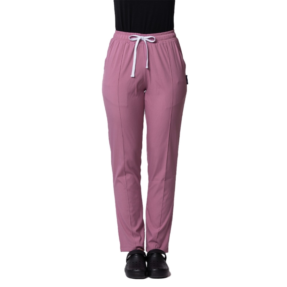 Pantaloni de lucru cu elastan roz cu snur si elastic