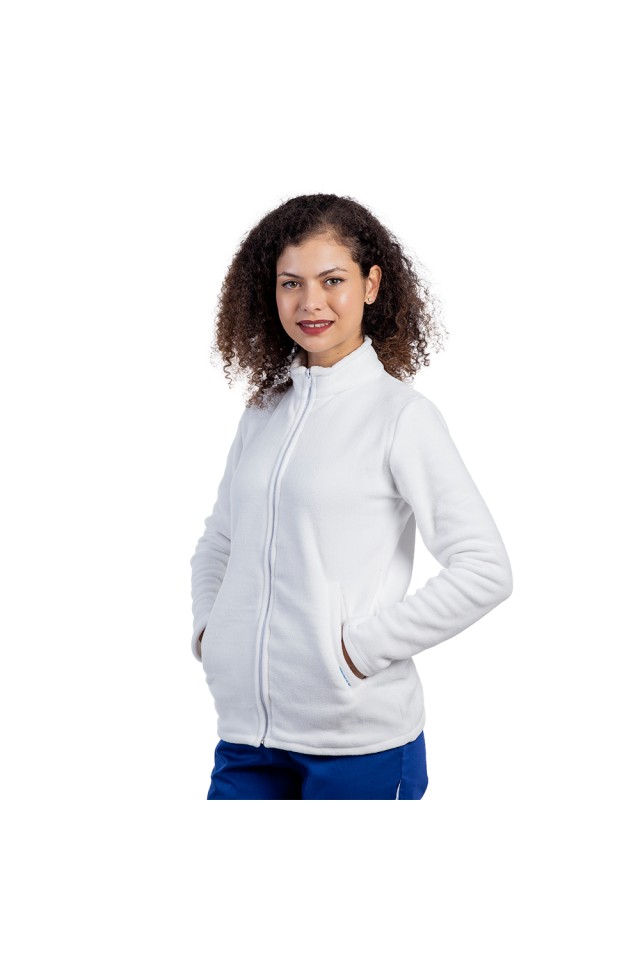 Jacheta polar alba, dama, cu doua buzunare aplicate