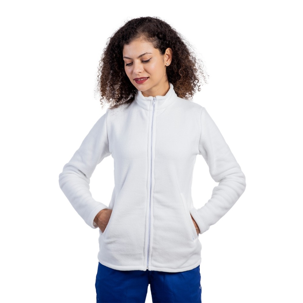 Jacheta polar alba, dama, cu doua buzunare aplicate