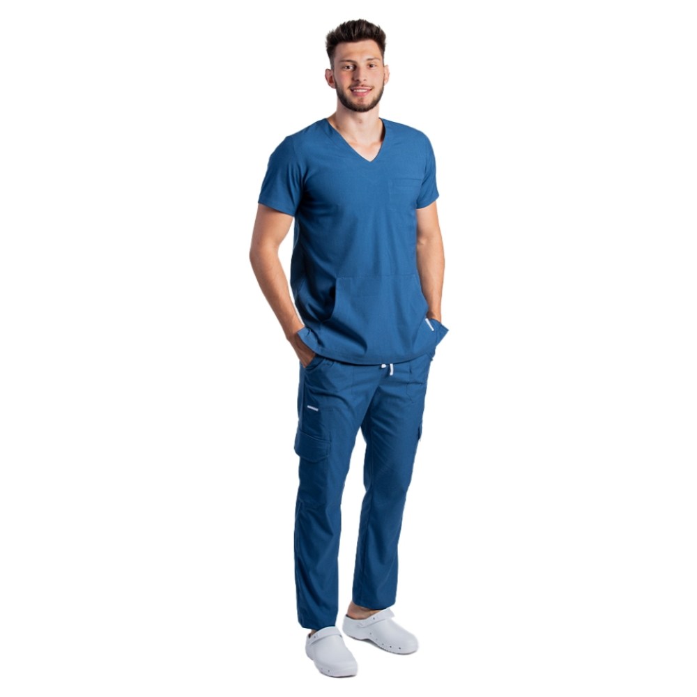 Costum de lucru cu elastan barbati jeans cu bluza in V si pantaloni cu snur si elastic
