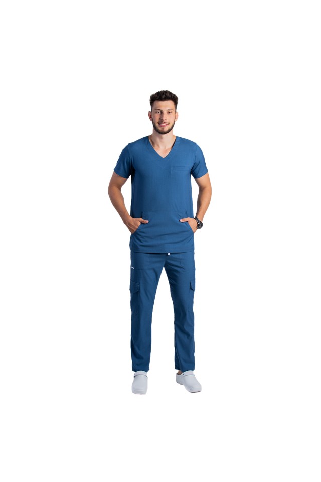 Costum de lucru cu elastan barbati jeans cu bluza in V si pantaloni cu snur si elastic